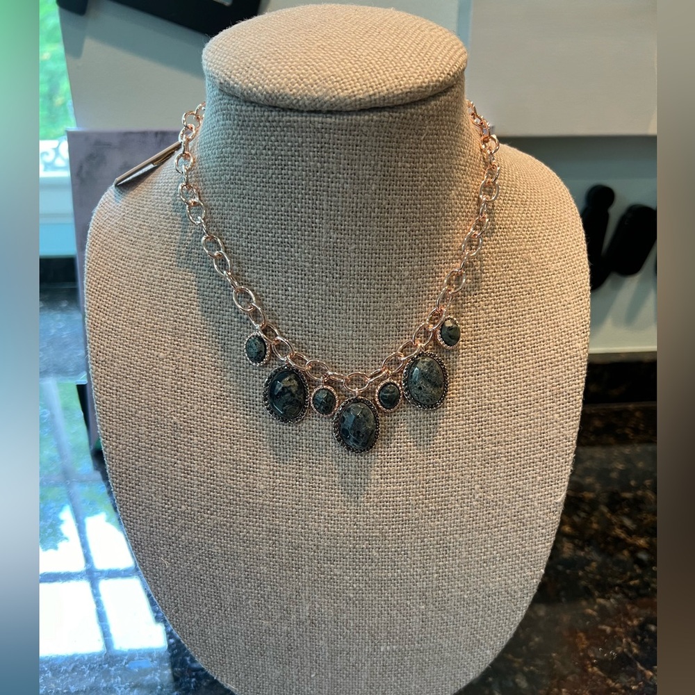 Jessica Simpson Rose Gold Dark Green Stone Necklace
